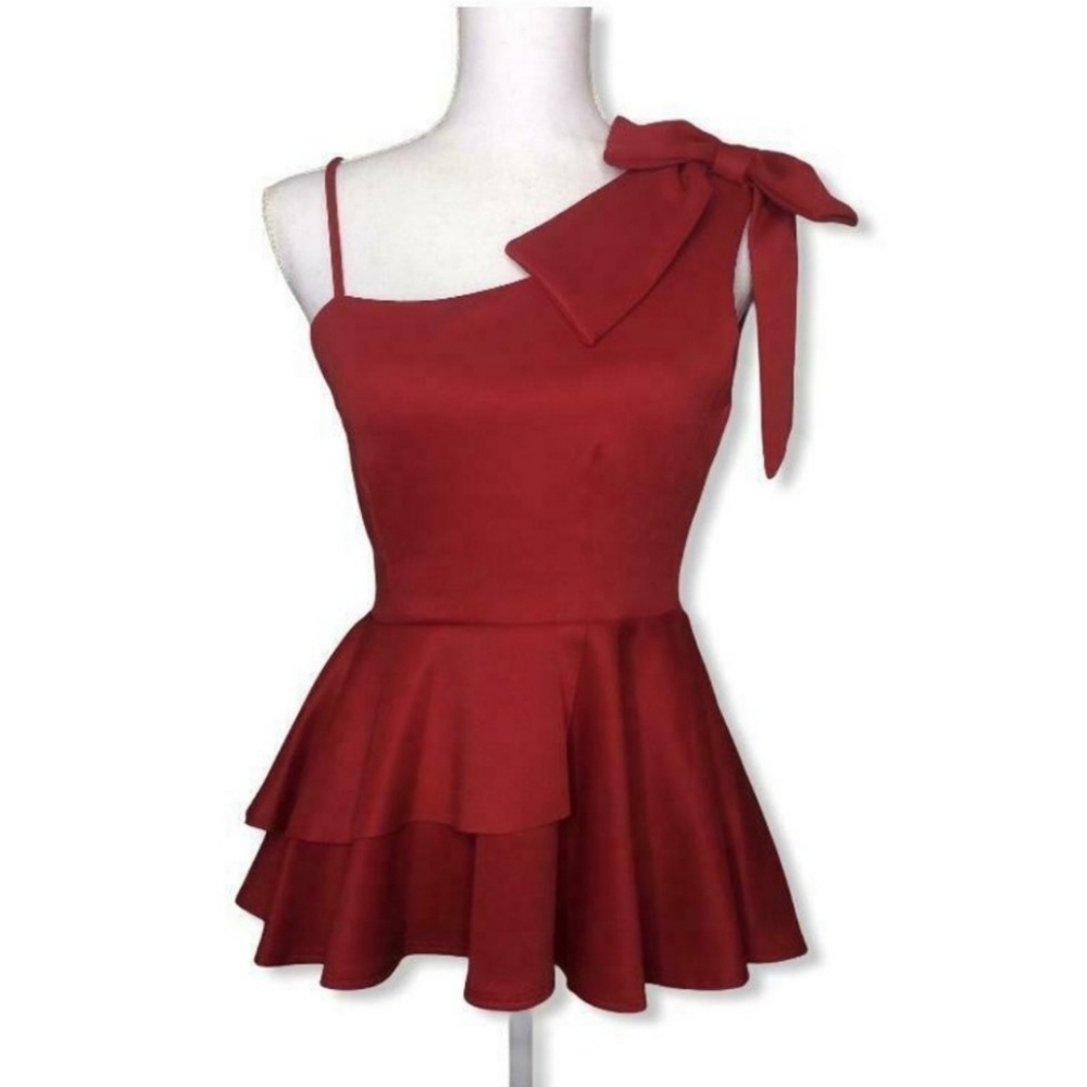Red One Shoulder Ribbon Peplum Top